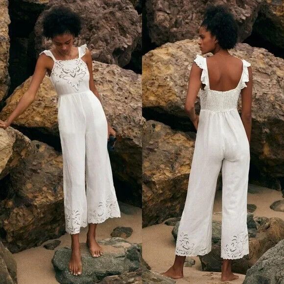 Anthropologie Women's White Ivory Eyelet Jumpsuit Summer Wide Leg Sz XL NWT
